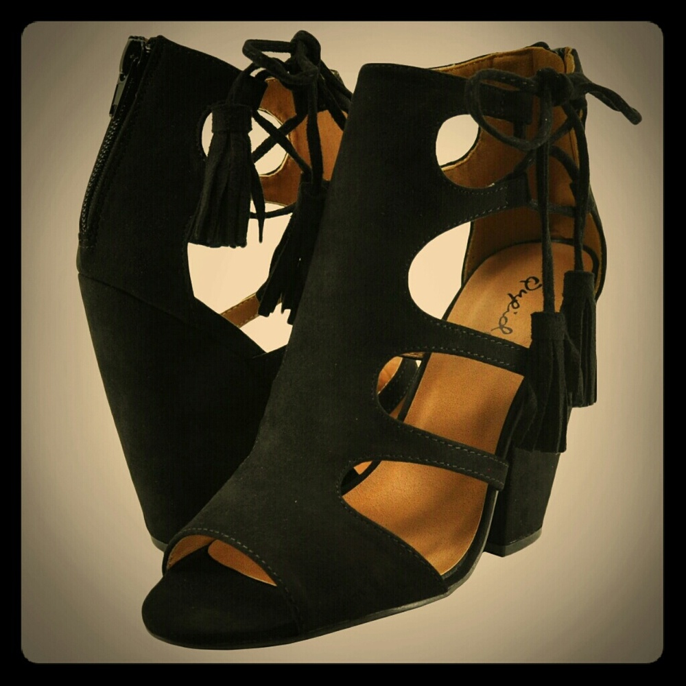 Black Suede Peep Toe Heels